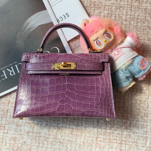 【エルメス HERMES】ミニケリー2 アメジスト (9G) クロコダイル アリゲーター マット ゴールド金具（100％手縫）
